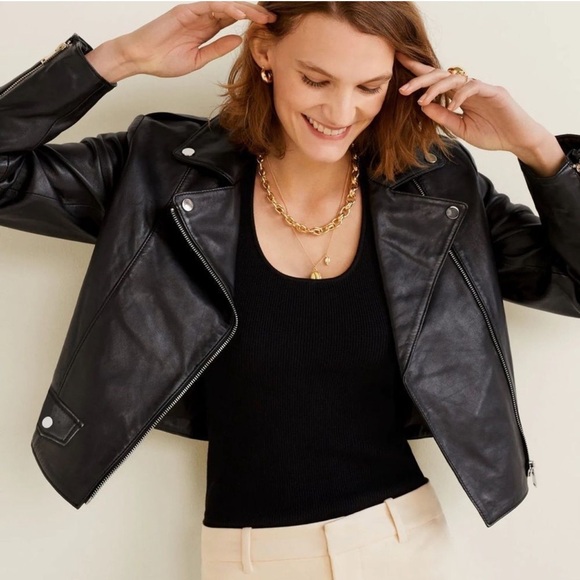 Mango Genuine Leather Biker Jacket in Black - Picture 6 of 14